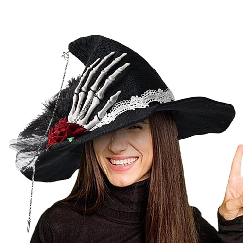 Jvjggag Damen Hexenhut,Hexenhut | Halloween Cosplay Hut | Totenkopf-Hand-Rosen-Hexenhut, Halloween-Kostüme-Kappe für Frauen, Cosplay-Kostüm Halloween von Jvjggag