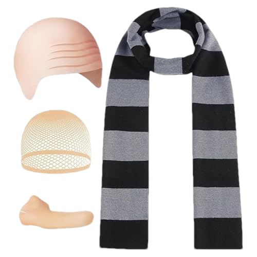 Jvjggag Gestreifter Schal, Halloween-Kostüm-Set, Glatzkopfnetz, Cosplay-Kostüm, 4 x Erwachsenengröße, gestreifter Schal, falsche Nase, kahle Perücke, Hut für Herren, Halloween-Party Jvjggag Gestreifter Schal, Halloween-Kostüm-Set, Glatzkopfnetz, Cosplay-Kostüm, 4 x Erwachsenengröße, gestreifter Schal, falsche Nase, kahle Perücke, Hut für Herren, Halloween-Party von Jvjggag