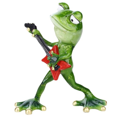 Jvjggag Kleine Frosch-Figur, lustiger Cartoon-Frosch, Harz-Dekoration, Zubehör-Figur, Gitarren-Geigen-Außendekoration, Gitarre spielende Statue, Dekorationen für den Schreibtisch zu Hause, im Büro von Jvjggag