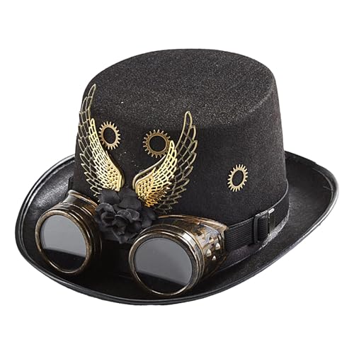 Jvjggag Viktorianischer Steampunk-Hut, Steampunk-Hut mit Schutzbrille | Gothic Punk Zaubererhut mit Flügeln und Ausrüstung | Hut mit abnehmbarer Schutzbrille, Gothic-Accessoires für Karneval, von Jvjggag