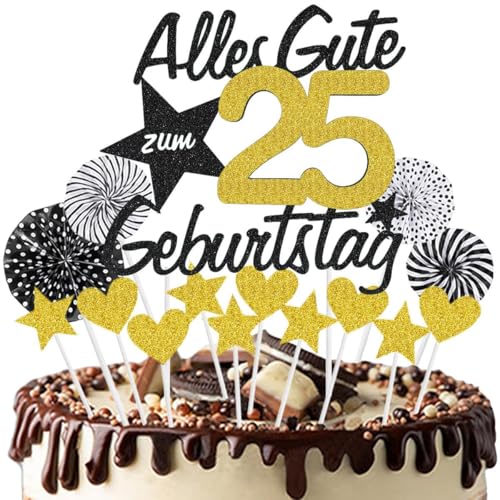 Jxuzh Alles Gute zum Geburtstag Tortendeko 25 Geburtstag Schwarz Gold Junge Mädchen Happy Birthday 25 Glitter Cake Topper 25.kuchendeko Geburtstag Happy 25th Birthday Tortendeko 25 Jahre Geburtstag Ku von Jxuzh