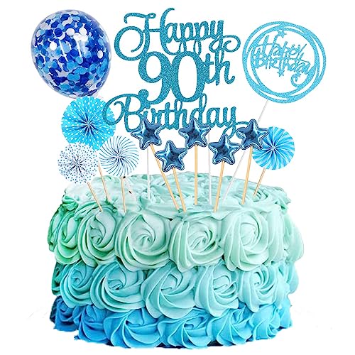 Jxuzh Cake Topper 90 Kuchendeko Geburtstag Blau Happy 90.birthday Kuchendeko 90. Geburtstag Tortendeko 90 Blau 90. Geburtstag Kuchen Deko 90 Geburtstag Frau Happy Birthday 90 Geburstagstorte Deko von Jxuzh