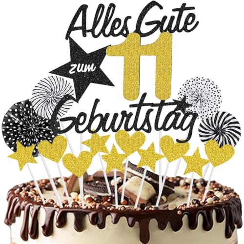 Jxuzh Happy 11th Birthday Tortendeko Schwarz Gold Alles Gute zum Geburtstag 11 Jahre Mädchen Jungen Kuchendeko 11. Geburtstag Kuchen Deko Tortendeko 11 Geburtstag Jungen Tortendeko Für 11 Geburtstag von Jxuzh