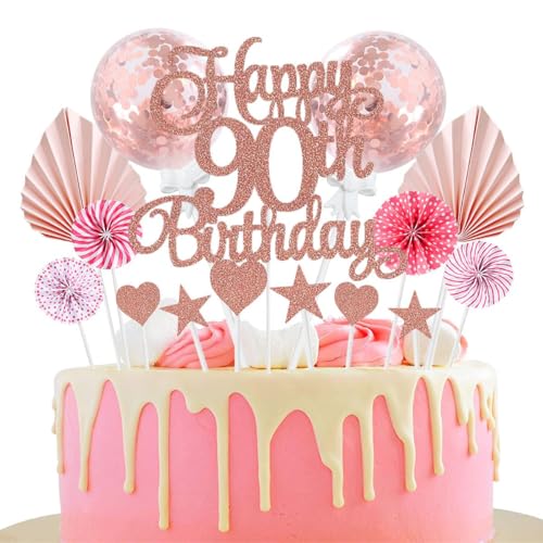 Jxuzh Happy 90th Birthday Tortendeko Rosegold 90 Jahre Frauen Männer Kuchendeko 90. Geburtstag Kuchen Deko Tortendeko 90 Geburtstag Mann Frauen Tortendeko Rosa Herz Stern Für 90 Geburtstag Cake Topper von Jxuzh