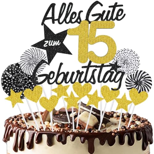 Jxuzh Tortendeko 15 Geburtstag Schwarz Gold Kuchen Topper Cake Topper 15 Kuchendeko Geburtstag Happy 15 Birthday Kuchen Deko 15 Geburtstag Junge Tortendeko 15 Geburtstag Mädchen 15. Geburtstag Kuchen von Jxuzh