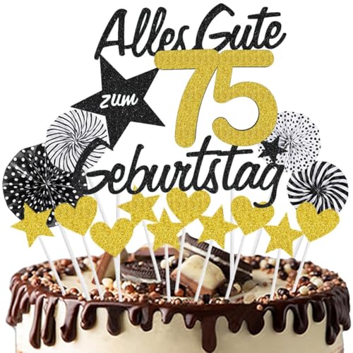 Jxuzh Tortendeko 75 Geburtstag Schwarz Gold 75th Happy Birthday Cake Topper 75.geburtstagstorte Topper Kuchen Topper Schwarz Gold Sternen Konfetti Luftballons Papierfächer Für Junge Mädchen Tortendeko von Jxuzh