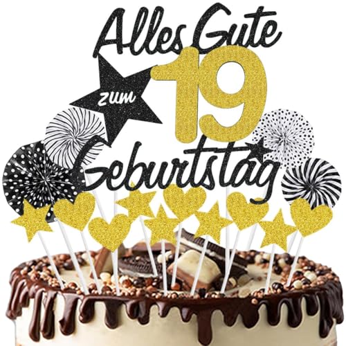 Jxuzh Tortendeko Geburstagstorte Happy Birthday Kuchendeko Schwarz Gold Tortendeko 19 Geburtstag Mädchen Junge Glitter Schwarz Gold Cake Topper 19 Happy Birthday Kuchen Deko Geburtstag Happy 19th Birt von Jxuzh