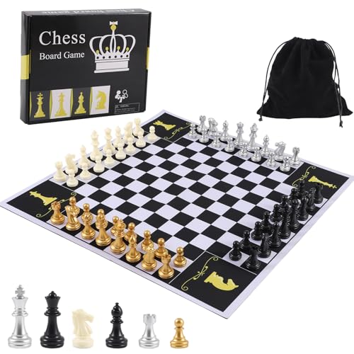 Vier Spieler Schach Brettspiel Vier Personen Schach Set Spiel Einzigartiges Team Schach Set Mauspad Material mit 4 Sets Schachfiguren (64 Stück) 2-4 Personen Erwachsenenspiel Tragbares Spielset von Jyquorp