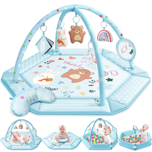 Baby Gym Spielmatte, 8-in-1 Bauchzeitmatte & Bällebad mit 6 Spielzeugen, Waschbare Baby-Aktivitätsmatte für visuelle, hörende, sensorische Motorik, Babygeschenk für Neugeborene Säugling 0-3-6-9-12 von Jyusmile