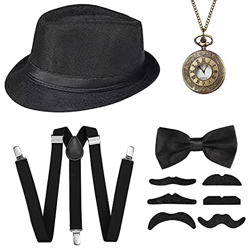 20er Jahre Herren Accessoires - 1920s Gatsby Mafia Gangster Kostüm Set Inklusive Panama Hut Elastisch Hosenträger Halsschleife Schnurrbart und Taschenuhr von Jzszera