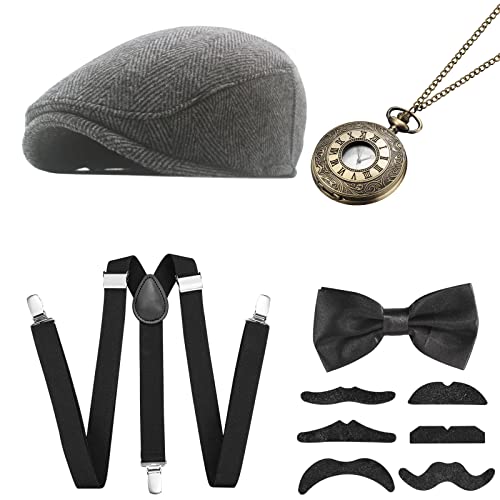 Jzszera 20er Jahre Kostüm Herren, Mafia Gatsby Gangster Kostüm Herren, 20er Jahre Accessoires mit Hosenträger Fliege Set Mafia Hut Vintage Taschenuhr für Karneval Party von Jzszera