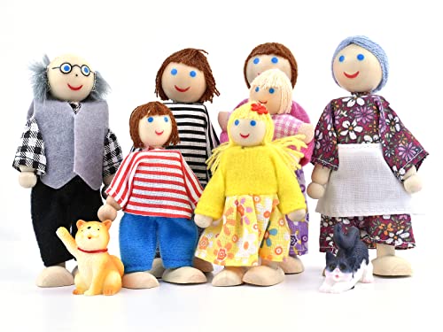 Jzszera Holzpuppenhaus Menschen von 7 Figuren und 2 Haustieren, Familienpuppen, kleine Figuren, Spielzeug für Kinder, Mädchen, Kinder, Pretend Puppenhaus Geschenk von Jzszera