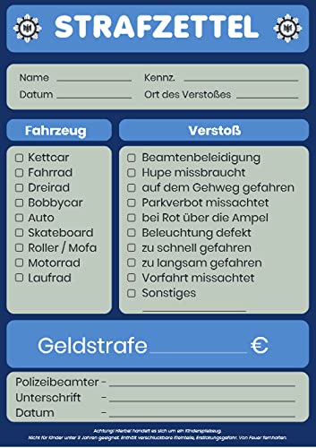 K-S-S 6 Stück Schöne Strafzettelblöcke für kleine Polizisten zum Spielen ( Din A6 / ca. 15 x 10 cm ) Kindergeburtstag / Tombola / Mitgebsel / Mottoparty / Karneval, Blau von K-S-S