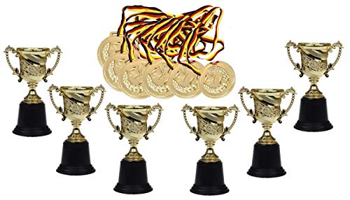 KSS 6 X Gold Pokal groß ca 15 cm ! und 6 X Medaille Gold Durchmesser ca 6 cm ! mit schwarz rot Gold Band für Kindergeburtstag Party Mitgebsel Mitbringsel Verlosung Tombola kleine Preise usw... von K-S-S