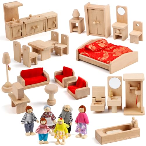 KABENFIS 5 Set Puppenhaus Möbel Zubehör mit Einer Familie von 6 Puppen Dekoration Rollenspiel Spielzeug für Mädchen Jungen von KABENFIS