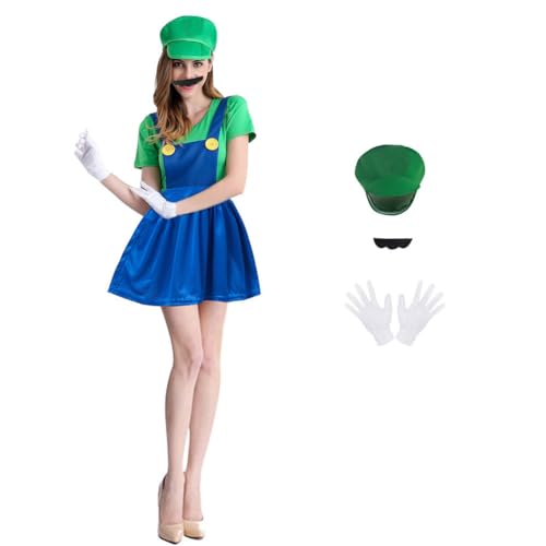 Erwachsener Frauen Cosplay Super Bros Kostüm Grün, Party Fancy Jumpsuit Overall Verkleidung Costume Set mit Schnurrbart Kappe Handschuhe für Halloween Christmas M von KACLCH