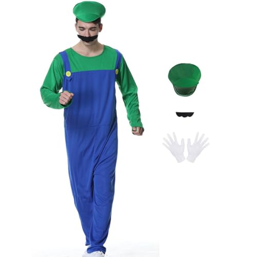 Erwachsener Männer Cosplay Super Bros Kostüm Grün, Party Fancy Jumpsuit Overall Verkleidung Costume Set mit Schnurrbart Kappe Handschuhe für Halloween Christmas S von KACLCH