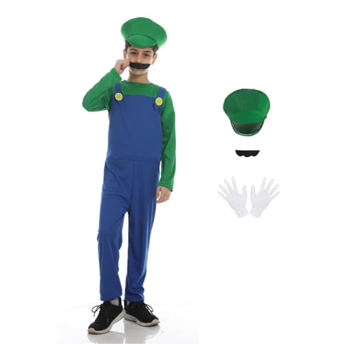 Kinder Junge Cosplay Super Bros Kostüm Grün, Party Fancy Jumpsuit Overall Verkleidung Costume Set mit Schnurrbart Kappe Handschuhe für Halloween Christmas L von KACLCH