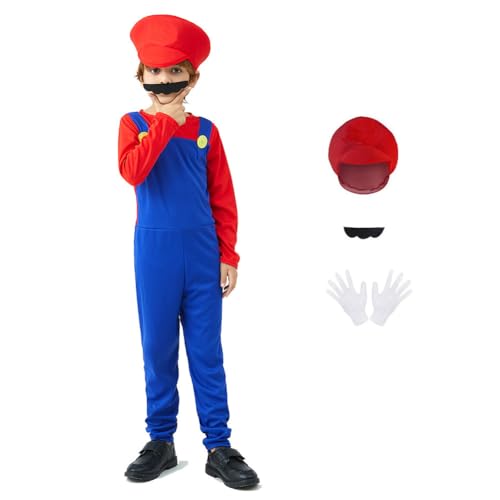 Kinder Junge Cosplay Super Bros Kostüm Rot, Party Fancy Jumpsuit Overall Verkleidung Costume Set mit Schnurrbart Kappe Handschuhe für Halloween Christmas XL von KACLCH