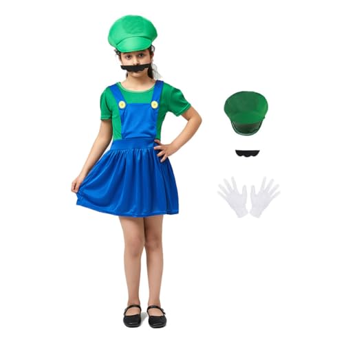 Kinder Mädchen Cosplay Super Bros Kostüm Grün, Party Fancy Dress Verkleidung Costume Kleid Jumpsuit Set mit Schnurrbart Kappe Handschuhe für Halloween Christmas L von KACLCH