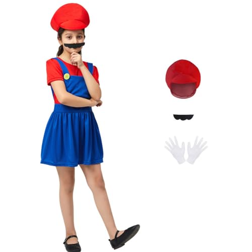 Kinder Mädchen Cosplay Super Bros Kostüm Rot, Party Fancy Dress Verkleidung Costume Kleid Jumpsuit Set mit Schnurrbart Kappe Handschuhe für Halloween Christmas L von KACLCH