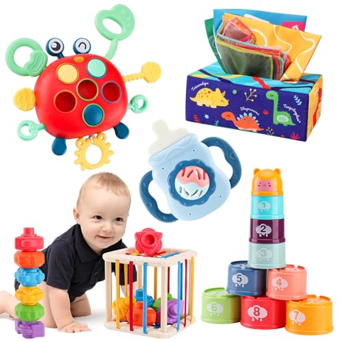 Baby Spielzeug für 6 12 18 Monate Montessori Spielzeug Sensorisches Baby Spielzeug Stapelspielzeug Blöcken Formsortier Würfel Krabbe Spielzeug Baby-Taschentuchbox Spielzeug Beißring Spielzeug von KADAYAYA