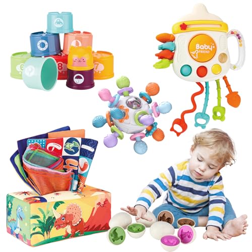 KADAYAYA Baby Spielzeug für 6, 12 und 18 Monate, Montessori-Sensorik Spielzeug für Kleinkinder, Dinosaurier Eier, Beißspielzeug, Stapelbecher, Taschentuchbox Spielzeug, Zugschnur Spielzeug von KADAYAYA