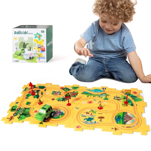 Kadayaya Dinosaurier Puzzle Spielzeugauto für Kinder 3-5 Jahre DIY Puzzle Autorennbahn Spielset für Kinder Puzzlebahn Auto Lernspielzeug für 3 4 5 6 Jungen Mädchen Montessori Spielzeug für Kleinkind von KADAYAYA