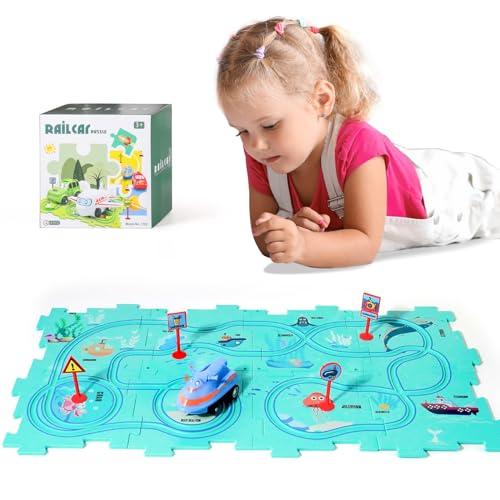 KADAYAYA Plastik Puzzle Spielzeugauto Spielzeugset für Kinder 3 4 5 6 Puzzle Autorennbahn mit Fahrzeug für Kleinkinder Lernspielzeug für 3 4 5 6 Jungen Mädchen Montessori Spielzeug für Kinder 3-6 von KADAYAYA