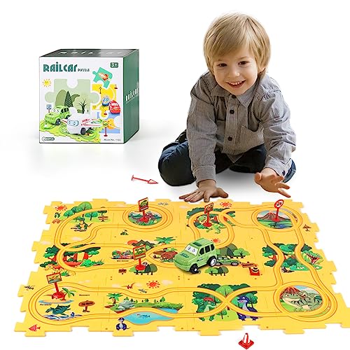 KADAYAYA Puzzle mit Spielzeugauto mit Fahrzeug für Kleinkind ab 3 Jahre, Dinosaurier 12pcs Puzzle, 25-teilig von KADAYAYA