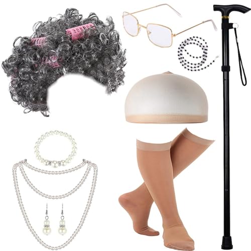 KAHDGSS 100 Tage Schultage Halloween Kostüm Set Old Lady Kostüm Set Perücke Brille Und Perlenkette Für Mädchen von KAHDGSS