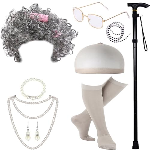 KAHDGSS 100 Tage Schultage Halloween Kostüm Set Old Lady Kostüm Set Perücke Brille Und Perlenkette Für Mädchen von KAHDGSS