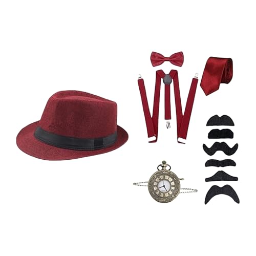 KAHDGSS 1920er Männer Kostümzubehör Roaring 20s Outfit Mit Fedoras Taschenuhr Hosenträger Bowtie Tie Bart Schnurrbart von KAHDGSS