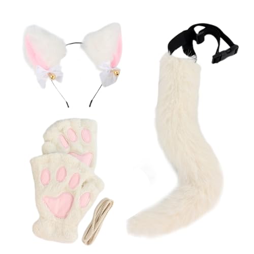 KAHDGSS 3-teiliges Katzenkostüm-Set mit Stirnband, Schwanz, Handschuhen, Tierkostüm, Zubehör für Mädchen, Halloween, Cosplay von KAHDGSS