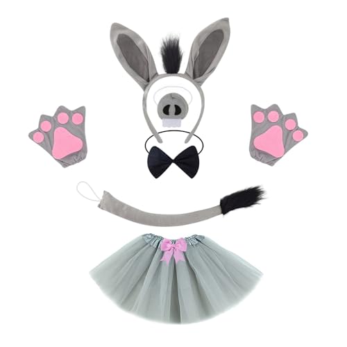 KAHDGSS Esel-Kostüm-Set für Kinder, mit Stirnband, Schwanz, Fliege, Nase, Handschuh, Rock, Halloween, Esel, Kostüm, Outfit für Mädchen, Weihnachten von KAHDGSS