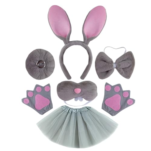 KAHDGSS Hasen-Kostüm-Set, Ohren, Schwanz, Fliege, Handschuh, Tutus, Tier-Kostüm, Zubehör für Kinder, Halloween, Cosplays, Requisiten von KAHDGSS