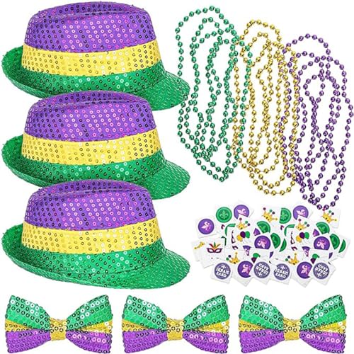 KAHDGSS Karnevalskostüm-Set mit JazzHat Perlenkette Fliege LasVegas FatTuesday Dekorationen Karneval Party Requisiten Supplies von KAHDGSS