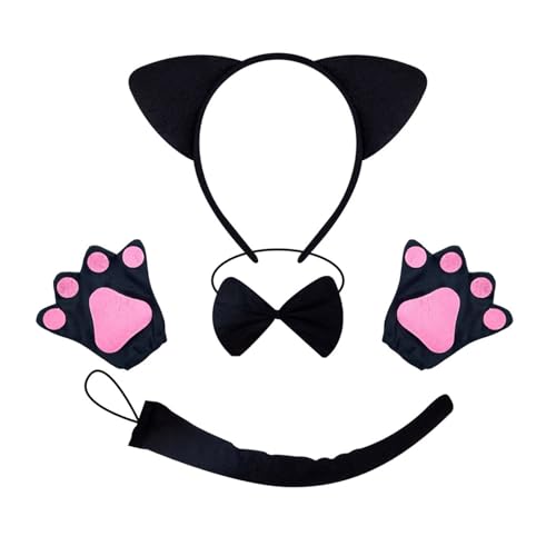 KAHDGSS Katzenkostüm Mit Katzenschwanz Fliege Handschuh Und Stirnband Halloween Tierkostüm Outfit Für Kinder Und Frauen Halloween Cosplay von KAHDGSS