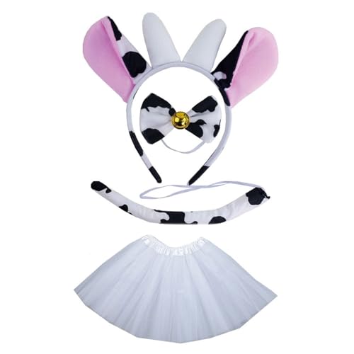 KAHDGSS Kuh-Kostüm-Set, Kuhohren, Schwanz, Fliege, Tutus, Rock, Handschuh, Tier-Kostüm, Zubehör für Halloween, Cosplays von KAHDGSS