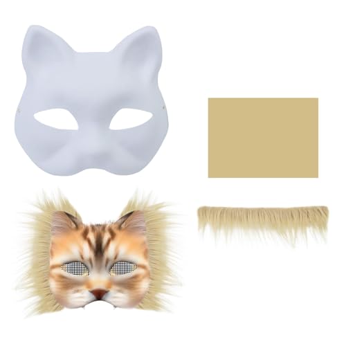 KAHDGSS Unbemalte Maskerade Maske Katzen Gesichtsmasken Set Inklusive Pelzigem Stoffbesatz Selbstklebender Stoff Für Kinder Und Erwachsene Halloween Party von KAHDGSS