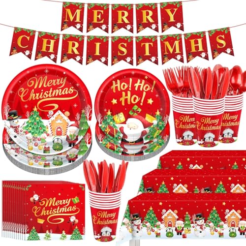 KAHEIGN 170Pcs Weihnachten Geschirr Set für 24 Personen, Papier Partygeschirr Set Tischdecke Banner Weihnachten Party Deko 24set Teller&Becher&Messer&Gabel&wiederverwendbare Löffel von KAHEIGN