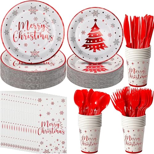 KAHEIGN 175Pcs Weihnachten Geschirr Set für 25 Personen, Papier Weihnachts Geschirrset mit 25Sets Speiseteller Salatteller Becher Servietten und wiederverwendbare Messer&Gabel&Löffel von KAHEIGN