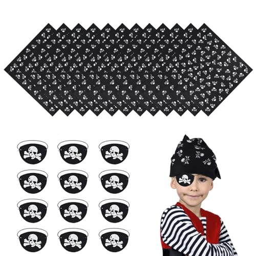 24 Stück Piraten Thema Deko Set, Piratenhut Kinder und Augenklappe Pirat, Skull Bandana für Piraten Partys, Halloween-Deko und Piraten Deko Kindergeburtstag (Schwarz) von KAHOUI