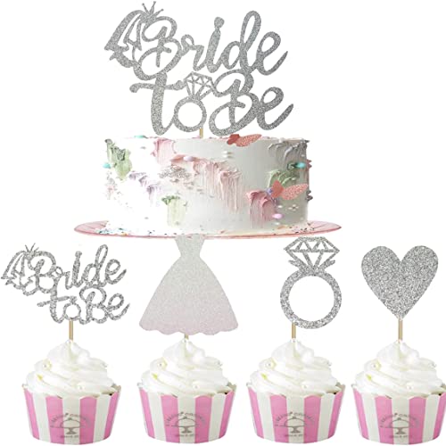 Bride To Be Cake Topper,24 Stück Silber Cupcake Topper Glitter Verlobung Deko Tortenstecker für Bridal Shower Supplies Bachelorette Party Dekorationen von KAIAIWLUO