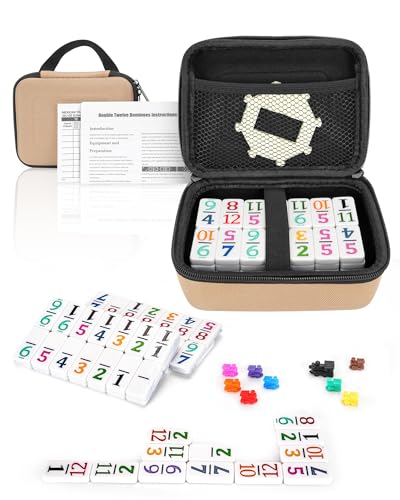 KAILE Mexikanisches Zug-Domino-Set mit Zahlen, doppeltes 12-Domino-Set mit 4 Holztabletts / -regalen, 91 Fliesen, farbige Dominosteine, Zug-Spiele für Familiennacht, Reisen, Party von KAILE