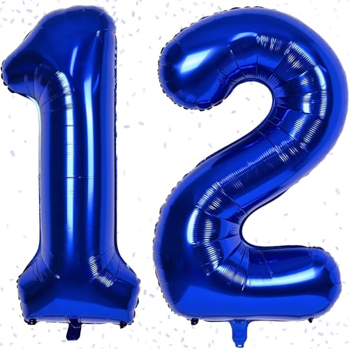 Geburtstag Zahlen Luftballon 12 jahre | Folienballon Kindergeburtstag Deko 12 XXL Marineblau - Riesen Folienballon in 40"-100cm Geburtstagsdeko - Ballon Zahl Deko zum Junge Mädchen Geburtstag von KAINSY