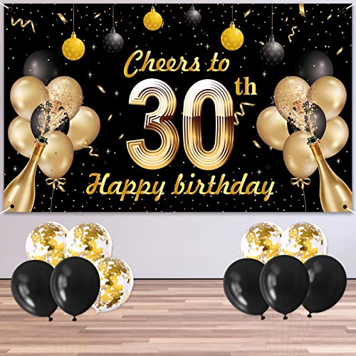 KAINSY Partydeko 30 Geburtstag Frauen, Schwarz und Gold 30. Geburtstag Party Dekorationen, Extra Große Stoff Schild Poster zum 30. Jahrestag Foto Stand Hintergrund Banner mit 10 Stück Luftballons von KAINSY