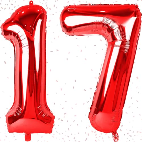 Luftballon 17. Geburtstag Zahl Luftballon 17 Rot XXL Riesen Folienballon Zahl 100cm Geburtstagsdeko Mädchen Groß Ballon Zahl 17 Deko zum Geburtstag. Geburtstagszahlen Luftballon Fliegt mit Helium von KAINSY