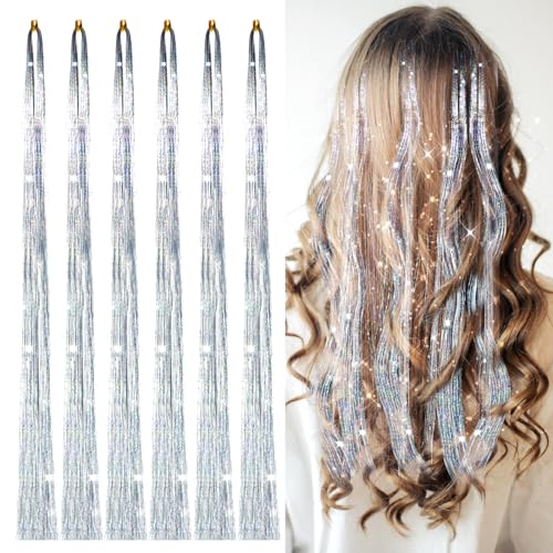 600 Strands Haarsträhnen Kinder, Haarsträhnen Zum Einflechten Glitzer Hair Tinsel Glitzersträhnen für Haare 45cm Sparkle Haar Lametta Haarverlängerungen für Frauen Mädchen Kinder Cosplayer von KALIONE