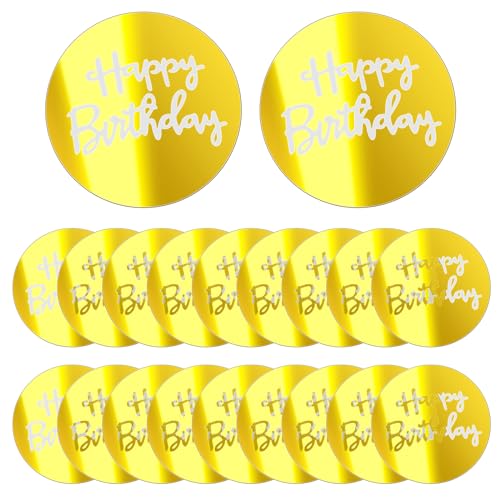 KALIONE 20 Stück Acryl Happy Birthday Cake Topper, Mini Spiegel Cupcake Toppers Runde Gravierte Acryl Kuchen Scheibe für Geburtstagsfeier Cupcake Kuchen Topper DIY Dekorationen, Gold von KALIONE